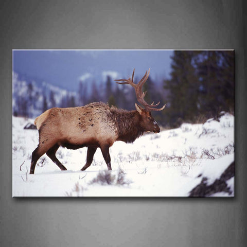 Elk Walk On Snowfield Trees Wall Art Painting The Picture Print On Canvas Animal Pictures For Home Decor Decoration Gift 