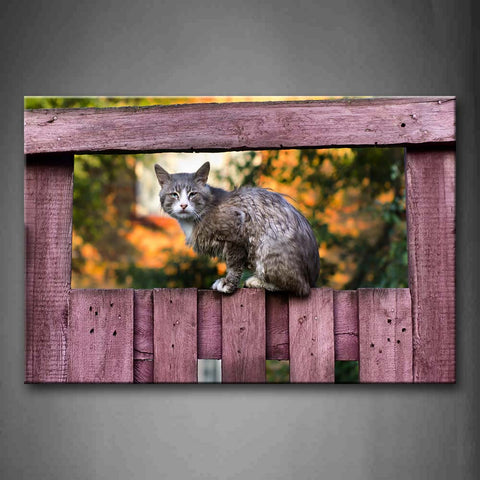 Gray Cat Sit On Fence Trees Wall Art Painting Pictures Print On Canvas Animal The Picture For Home Modern Decoration 