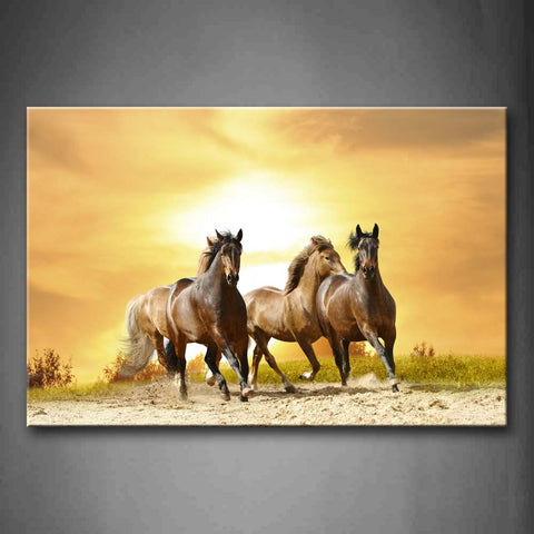 Four Horses Running On Sand Land At Dusk Grass Wall Art Painting Pictures Print On Canvas Animal The Picture For Home Modern Decoration 