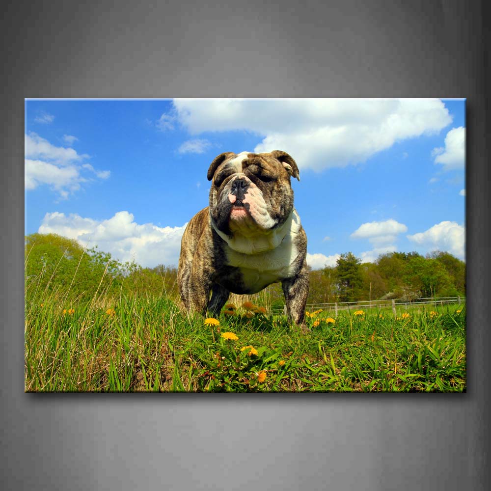 Bulldog Stand On Grass Trees Yellow Flower Wall Art Painting The Picture Print On Canvas Animal Pictures For Home Decor Decoration Gift 