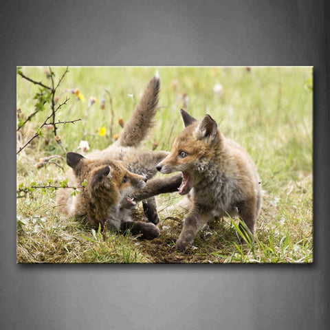 Two Fox Play On Grass Flower Wall Art Painting The Picture Print On Canvas Animal Pictures For Home Decor Decoration Gift 