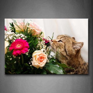 Black And Yellow Cat Smell A Bunch Of Colorful Flower Wall Art Painting Pictures Print On Canvas Animal The Picture For Home Modern Decoration 