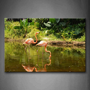 Two Flamingos In Water To Find Food Plant Wall Art Painting Pictures Print On Canvas Animal The Picture For Home Modern Decoration 