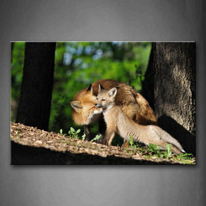 Mother Fox Lick Cub In Forest Wall Art Painting The Picture Print On Canvas Animal Pictures For Home Decor Decoration Gift 