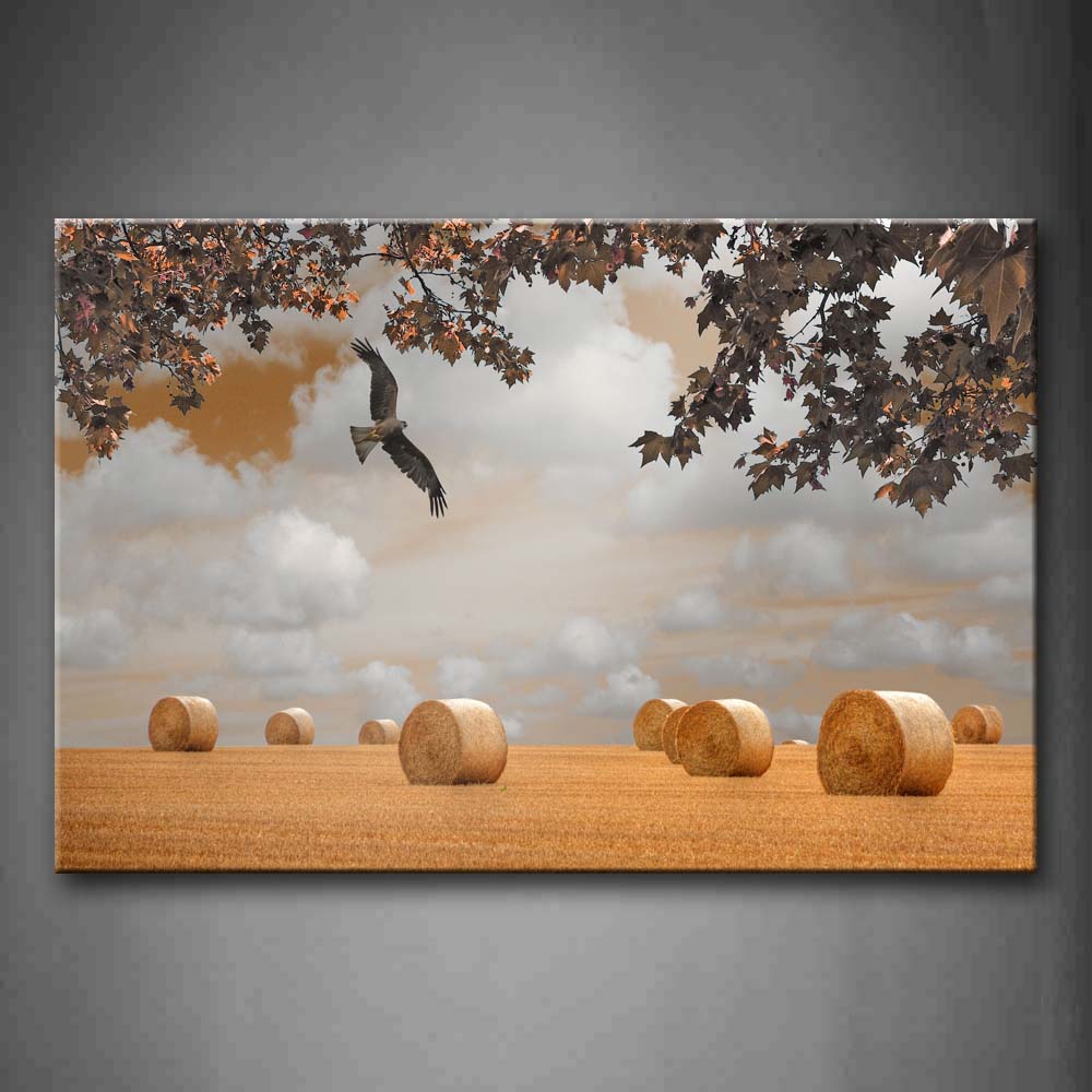 Bird Fly Over Yellow Grassland Tree Hayrick  Wall Art Painting The Picture Print On Canvas Animal Pictures For Home Decor Decoration Gift 