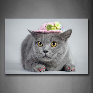 Gray Cat Wear Pink Cap In Gray Background Wall Art Painting The Picture Print On Canvas Animal Pictures For Home Decor Decoration Gift 