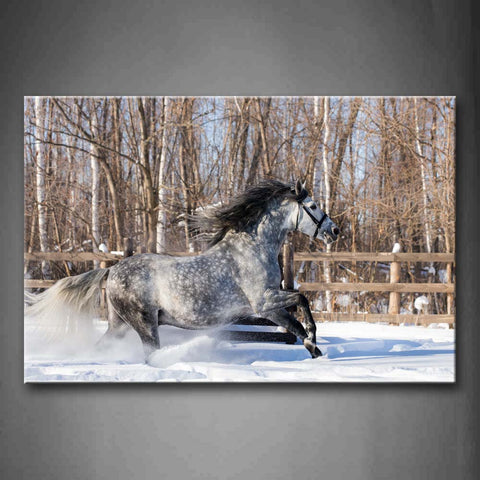 Horse Is Running On Snowfield In Stud-Farm Trees Wall Art Painting The Picture Print On Canvas Animal Pictures For Home Decor Decoration Gift 