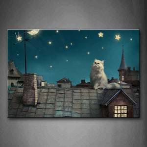 White Cat Sit On Roof At Night Star Moon Wall Art Painting Pictures Print On Canvas Animal The Picture For Home Modern Decoration 