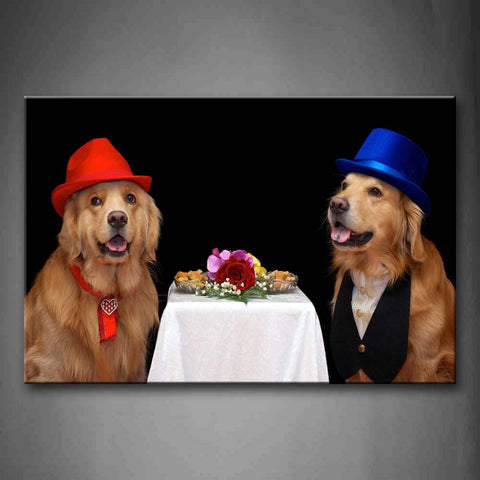 Two Yellow Dogs Wear Cap A White Desk  Rose Wall Art Painting Pictures Print On Canvas Animal The Picture For Home Modern Decoration 