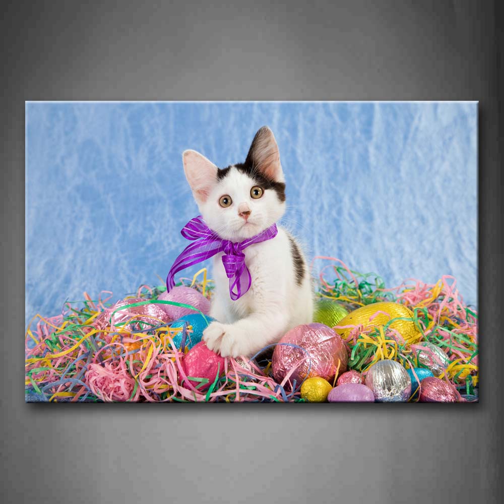 Cat Sit In Colorful Ribbons  Wall Art Painting Pictures Print On Canvas Animal The Picture For Home Modern Decoration 