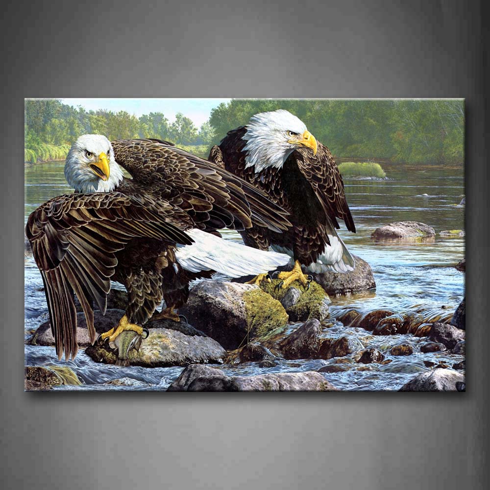 Two Eagles Stand On Stones River Wall Art Painting Pictures Print On Canvas Animal The Picture For Home Modern Decoration 