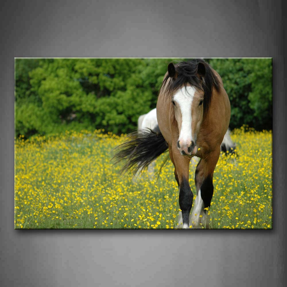 Horse Walk On Yellow Anthemy In Front Of Forest Wall Art Painting Pictures Print On Canvas Animal The Picture For Home Modern Decoration 