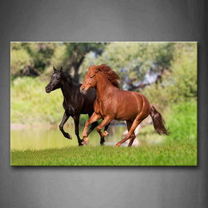 Yellow And Black Horse Run On Lawn Near River Wall Art Painting The Picture Print On Canvas Animal Pictures For Home Decor Decoration Gift 