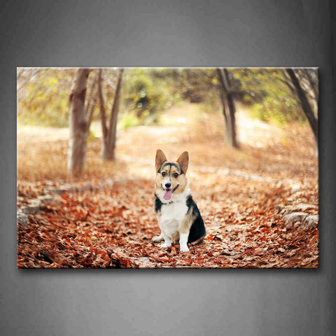 Corgi Sit On Path Between Trees Fallen Leafs Wall Art Painting The Picture Print On Canvas Animal Pictures For Home Decor Decoration Gift 