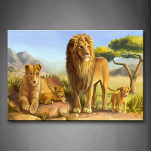 A Family Of Lion On Rock Tree Grass Mountain Wall Art Painting Pictures Print On Canvas Animal The Picture For Home Modern Decoration 
