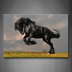 Black Horse Jump Over Lawn Mud  Wall Art Painting Pictures Print On Canvas Animal The Picture For Home Modern Decoration 