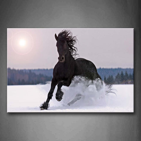 Black Horse Run On Snowfield Dawn Hill Wall Art Painting The Picture Print On Canvas Animal Pictures For Home Decor Decoration Gift 