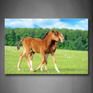 Two Horses Walk Closely On Lawn Forest Flower Wall Art Painting Pictures Print On Canvas Animal The Picture For Home Modern Decoration 