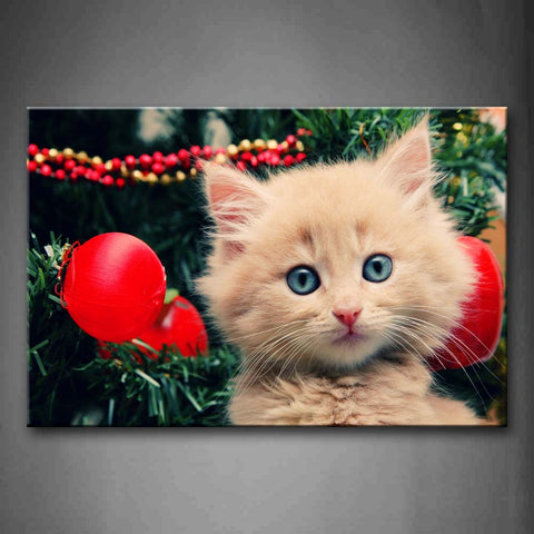 Cute Cat With Tree Festival Red Ball Wall Art Painting Pictures Print On Canvas Animal The Picture For Home Modern Decoration 