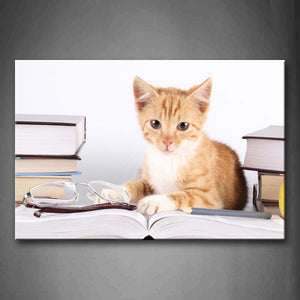 Yellow Cat Sit On Book Between Book Near Glass Wall Art Painting The Picture Print On Canvas Animal Pictures For Home Decor Decoration Gift 