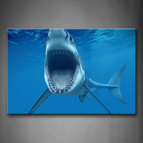 Big Shark Near Sea Surface Open Mouth In Blue Sea Wall Art Painting The Picture Print On Canvas Animal Pictures For Home Decor Decoration Gift 
