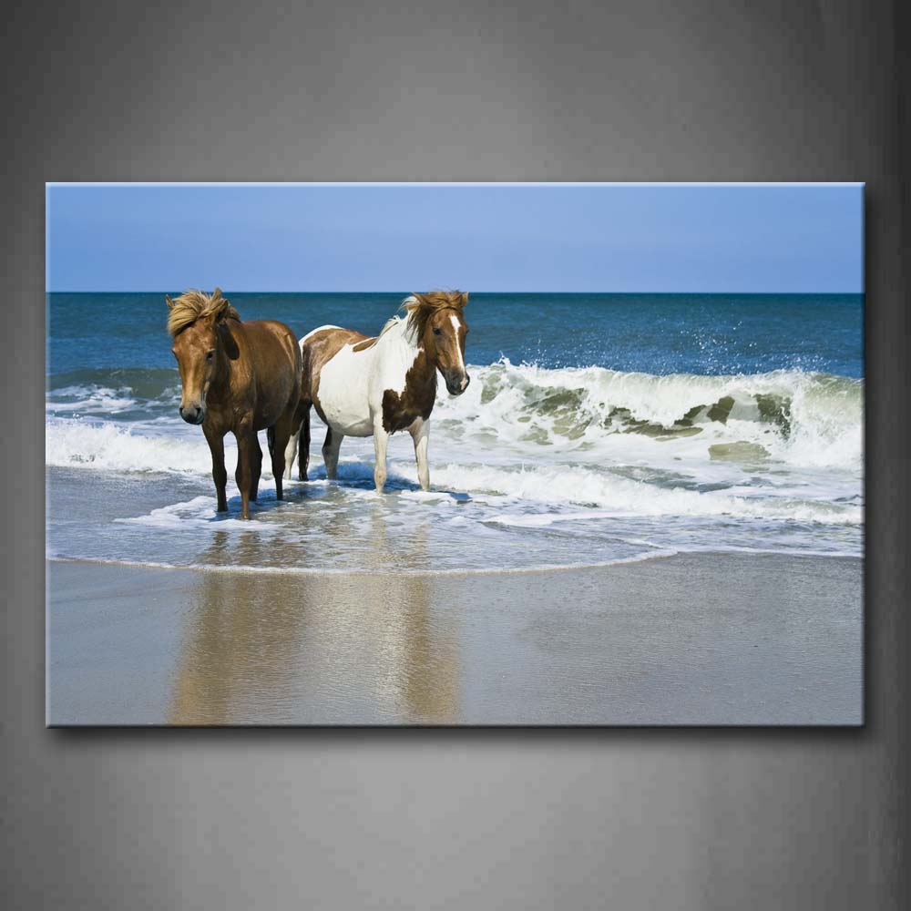 Two Horse Stand On Beach Wave Wall Art Painting The Picture Print On Canvas Animal Pictures For Home Decor Decoration Gift 