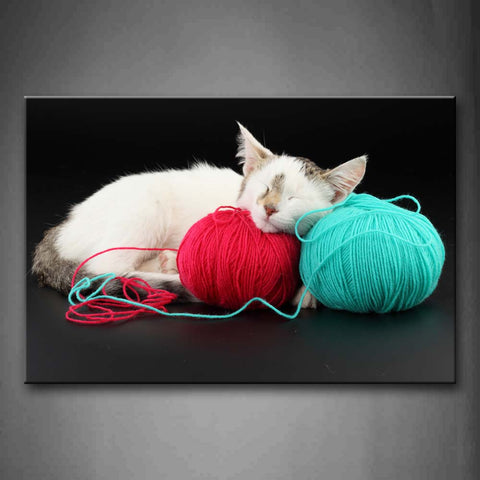 White Cat With Red And Blue Wool Balls Wall Art Painting Pictures Print On Canvas Animal The Picture For Home Modern Decoration 