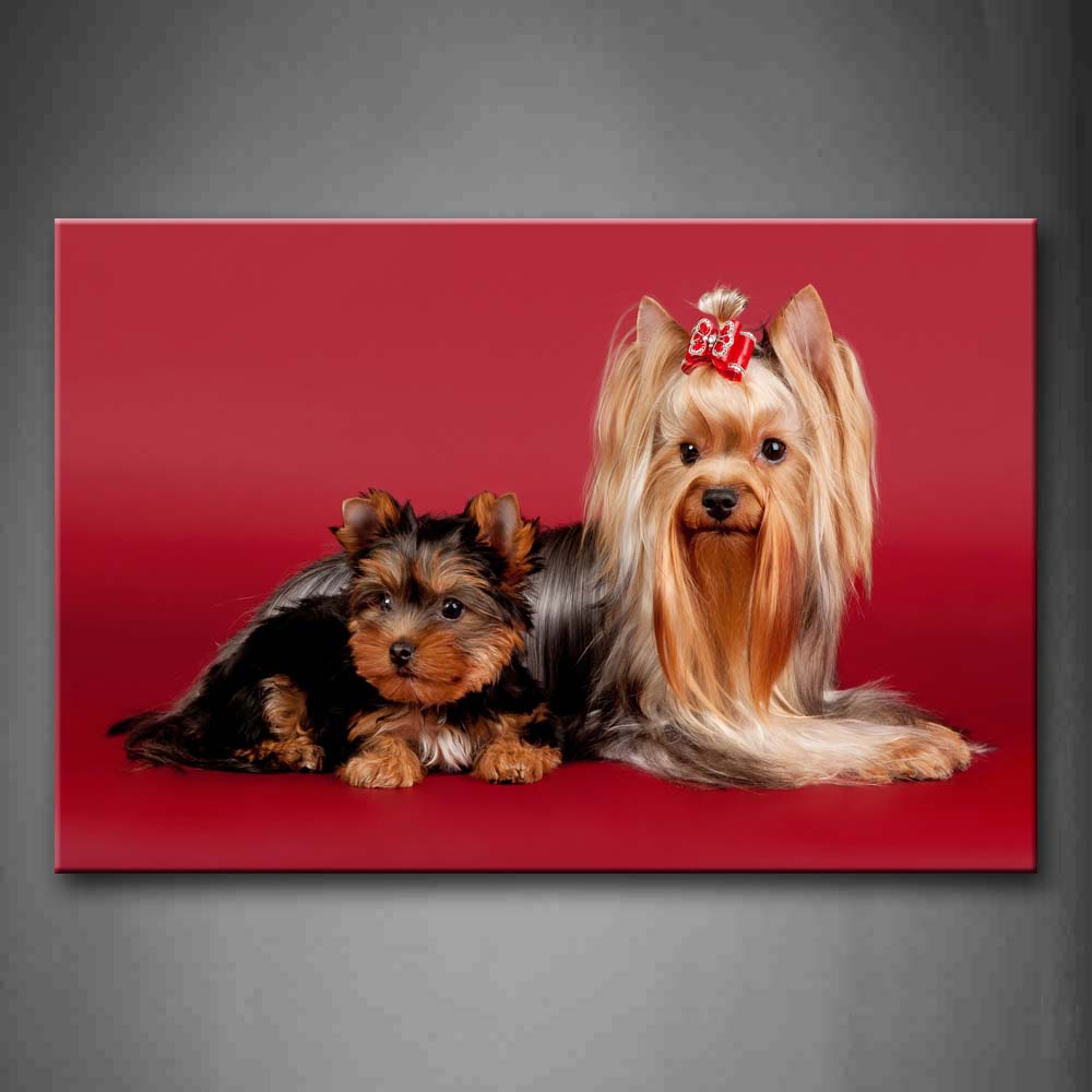 Red Two Cute Dogs Sit In Pink Background Wall Art Painting The Picture Print On Canvas Animal Pictures For Home Decor Decoration Gift 