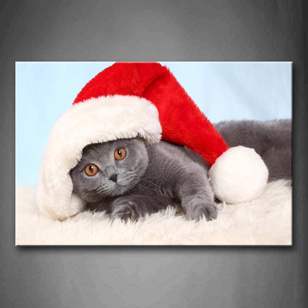 Gray Cat Wear Christmas Hat On White Blanket Wall Art Painting Pictures Print On Canvas Animal The Picture For Home Modern Decoration 