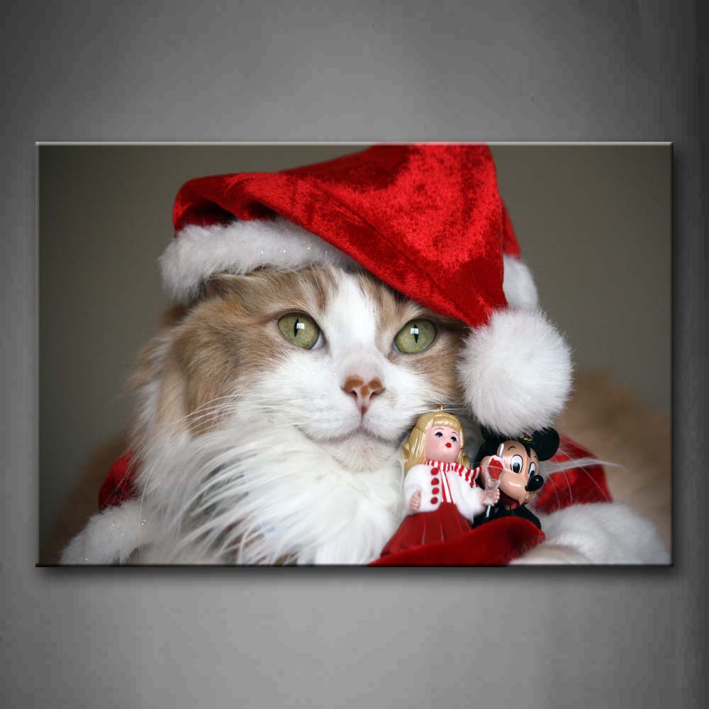 Red Cat Wear Christmas Hat  Wall Art Painting Pictures Print On Canvas Animal The Picture For Home Modern Decoration 