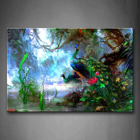 Artistic Peacocks In Forest Grass Flower River Wall Art Painting The Picture Print On Canvas Animal Pictures For Home Decor Decoration Gift 