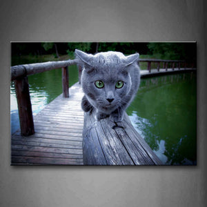 Gray Cat Sit On Rail Bridge Lake Wall Art Painting The Picture Print On Canvas Animal Pictures For Home Decor Decoration Gift 