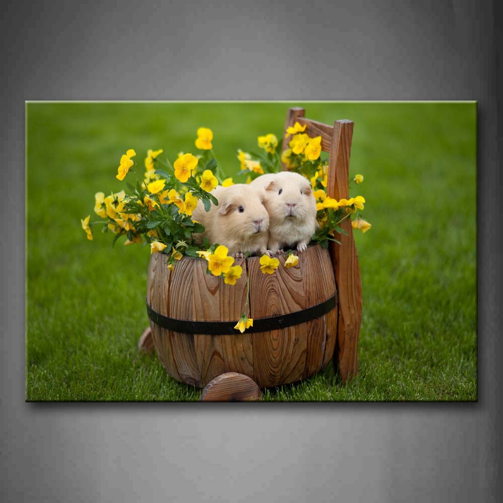 Two Guinea Pigs And Yellow Flower In Cask On Lawn Wall Art Painting The Picture Print On Canvas Animal Pictures For Home Decor Decoration Gift 