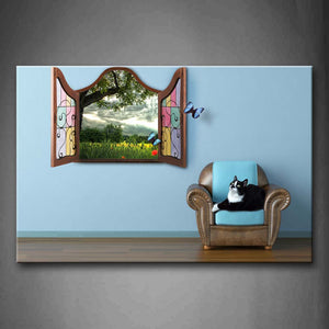 Cat Sit On Sofa Blue Wall Scenery In Window Wall Art Painting The Picture Print On Canvas Animal Pictures For Home Decor Decoration Gift 