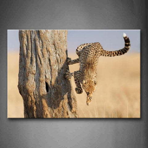 Cheetah Jump Down Dry Grass Trunk Wall Art Painting The Picture Print On Canvas Animal Pictures For Home Decor Decoration Gift 