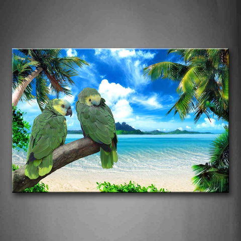 Two Green Parrots Stand On Branch Near Beach Coconut Tree Wall Art Painting The Picture Print On Canvas Animal Pictures For Home Decor Decoration Gift 