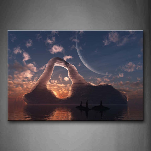 Artistic Sharks Swim On Sea Iceberg At Dusk Wall Art Painting The Picture Print On Canvas Animal Pictures For Home Decor Decoration Gift 