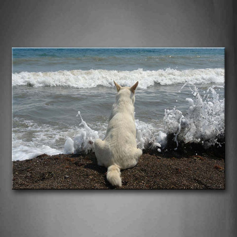 White Dog Sit At Beach Look Wave Wall Art Painting Pictures Print On Canvas Animal The Picture For Home Modern Decoration 