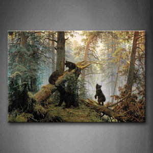 Bears Play In Forest Broken Tree Wall Art Painting The Picture Print On Canvas Animal Pictures For Home Decor Decoration Gift 