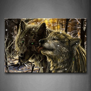 Wolf Lick The Other In Forest On Snow Day  Wall Art Painting The Picture Print On Canvas Animal Pictures For Home Decor Decoration Gift 