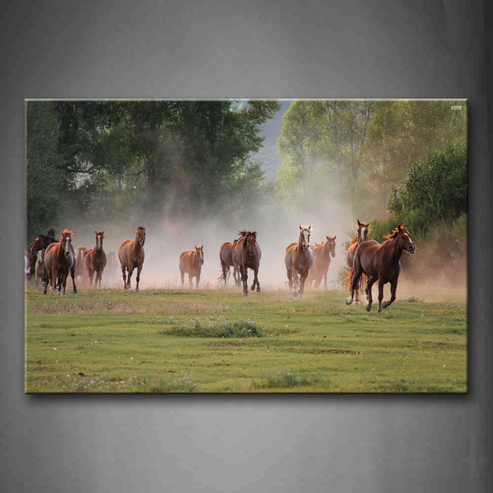 Horses Run On Lawn Dust Tree Wall Art Painting The Picture Print On Canvas Animal Pictures For Home Decor Decoration Gift 