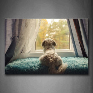 Yellow Dog Sit On Blue Blanket And Look Outside From Window Wall Art Painting The Picture Print On Canvas Animal Pictures For Home Decor Decoration Gift 