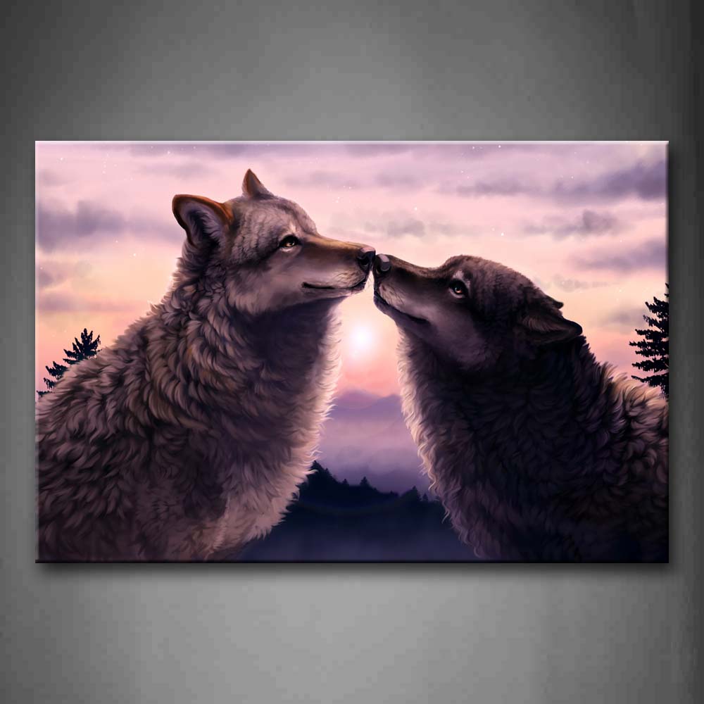 Two Wolfs Kiss At Dusk Tree Mountain Wall Art Painting The Picture Print On Canvas Animal Pictures For Home Decor Decoration Gift 