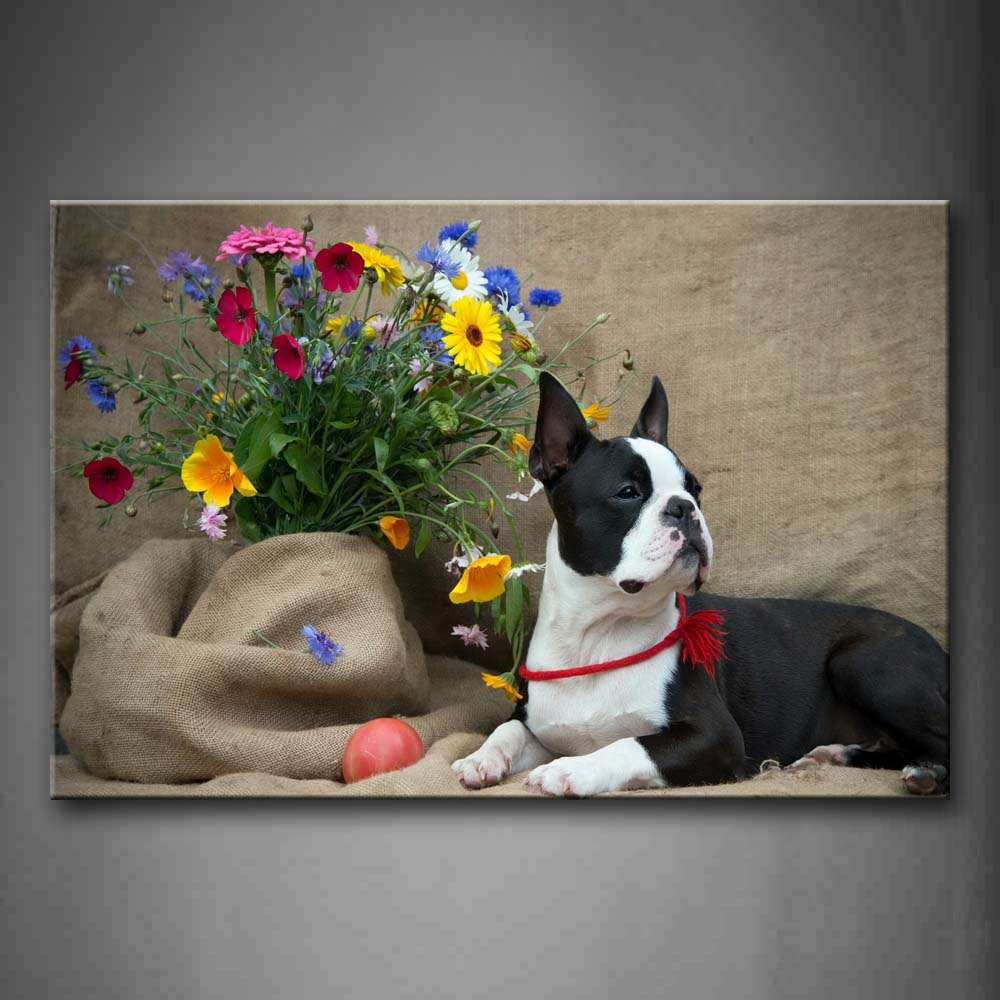 French Bulldog Sit On Cloth Near A Branch Of Flower Wall Art Painting Pictures Print On Canvas Animal The Picture For Home Modern Decoration 