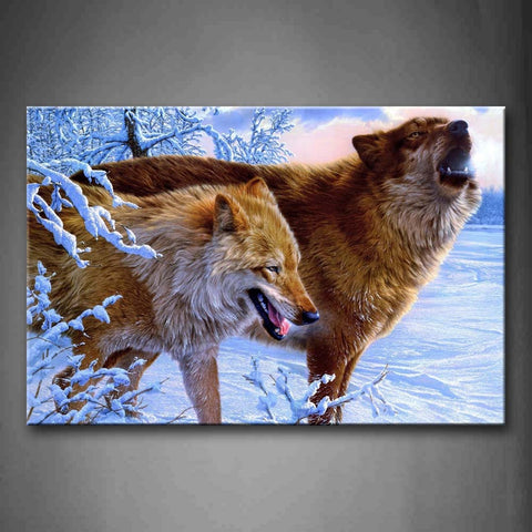 Two Wolfs Stand On Snowfield Snow Cover Trees  Wall Art Painting The Picture Print On Canvas Animal Pictures For Home Decor Decoration Gift 