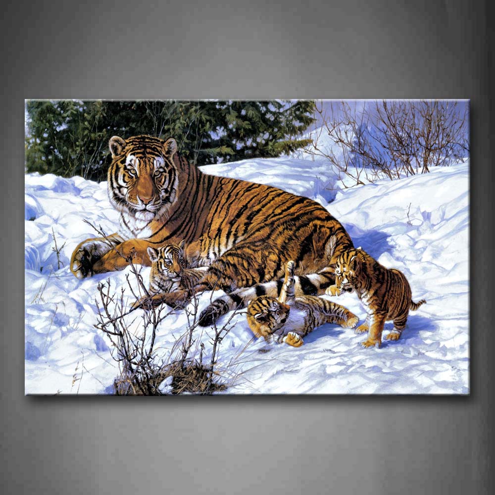 Mother Tiger With Cubs On Snowfield Tree Wall Art Painting Pictures Print On Canvas Animal The Picture For Home Modern Decoration 