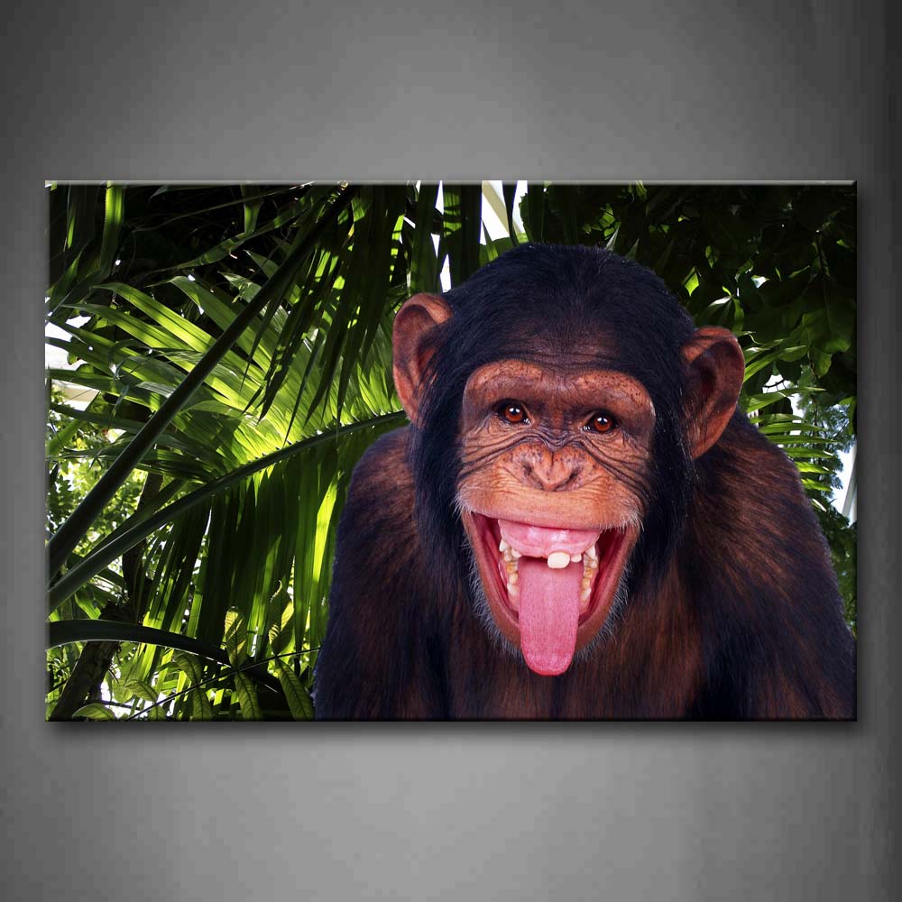 Chimpanzee Expose Tongue In Front Of Trees Wall Art Painting The Picture Print On Canvas Animal Pictures For Home Decor Decoration Gift 