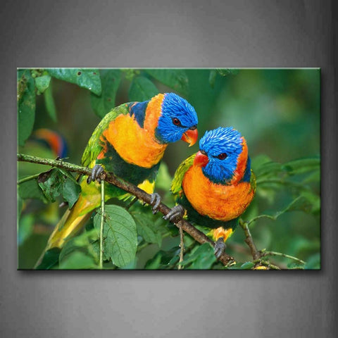 Two Rainbow Lorikeets Stand On Branch Wall Art Painting Pictures Print On Canvas Animal The Picture For Home Modern Decoration 