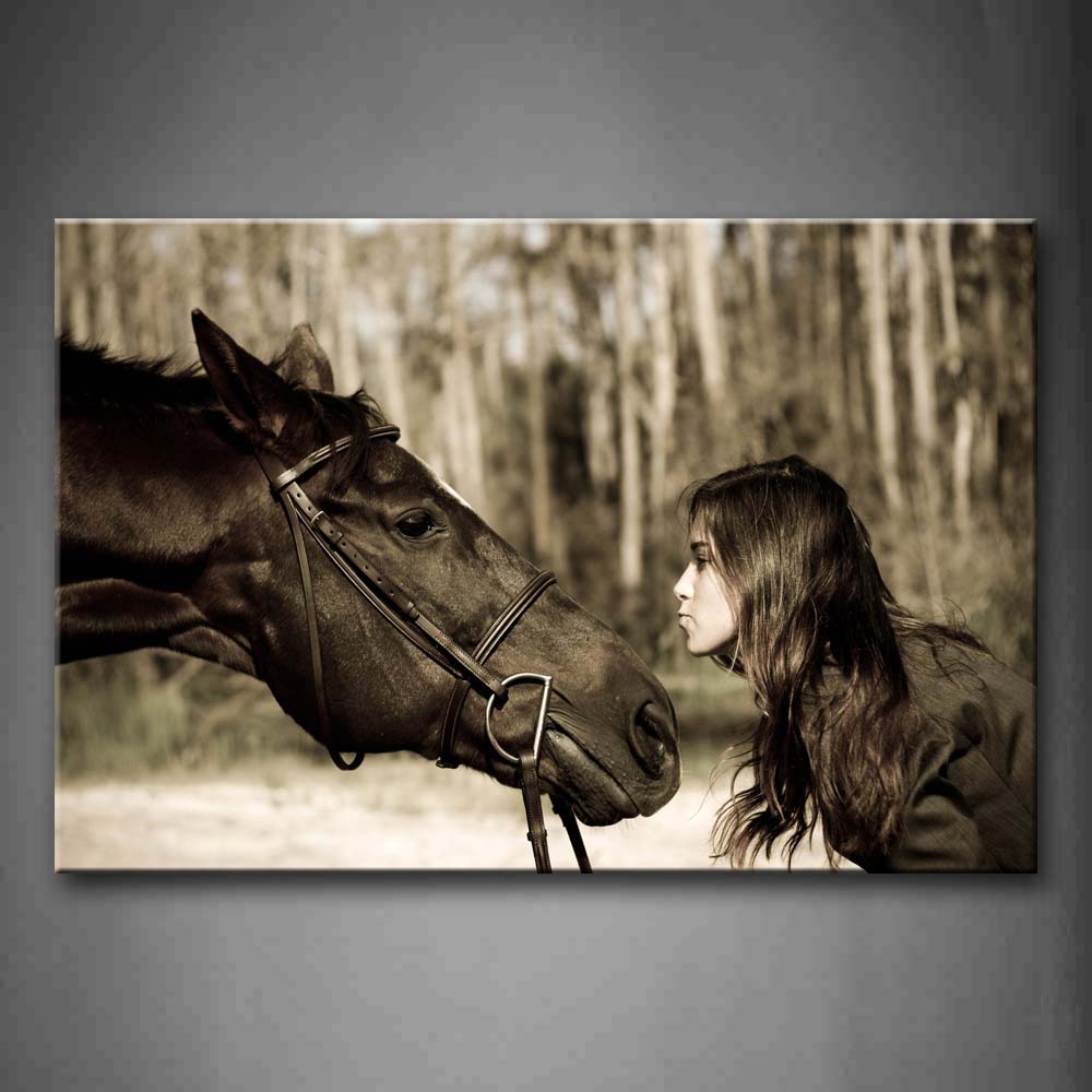 Nice Youger Girl Face To Face With A Black Horse  Wall Art Painting The Picture Print On Canvas Animal Pictures For Home Decor Decoration Gift 