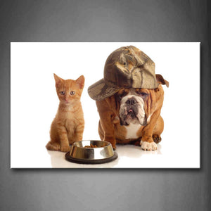 Dog Wear Cap With Cat Behind Food Wall Art Painting The Picture Print On Canvas Animal Pictures For Home Decor Decoration Gift 